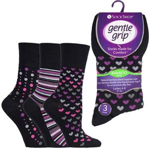 Gentle Grip Ladies Bamboo Socks – Dark with Hearts & Lines – 3 pack – Size  4-8